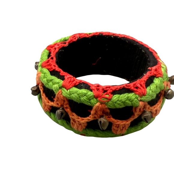 Tribal Embroidered Handmade Statement Cuff Bangle Bracelet with Bells Ethnic - Picture 2 of 6